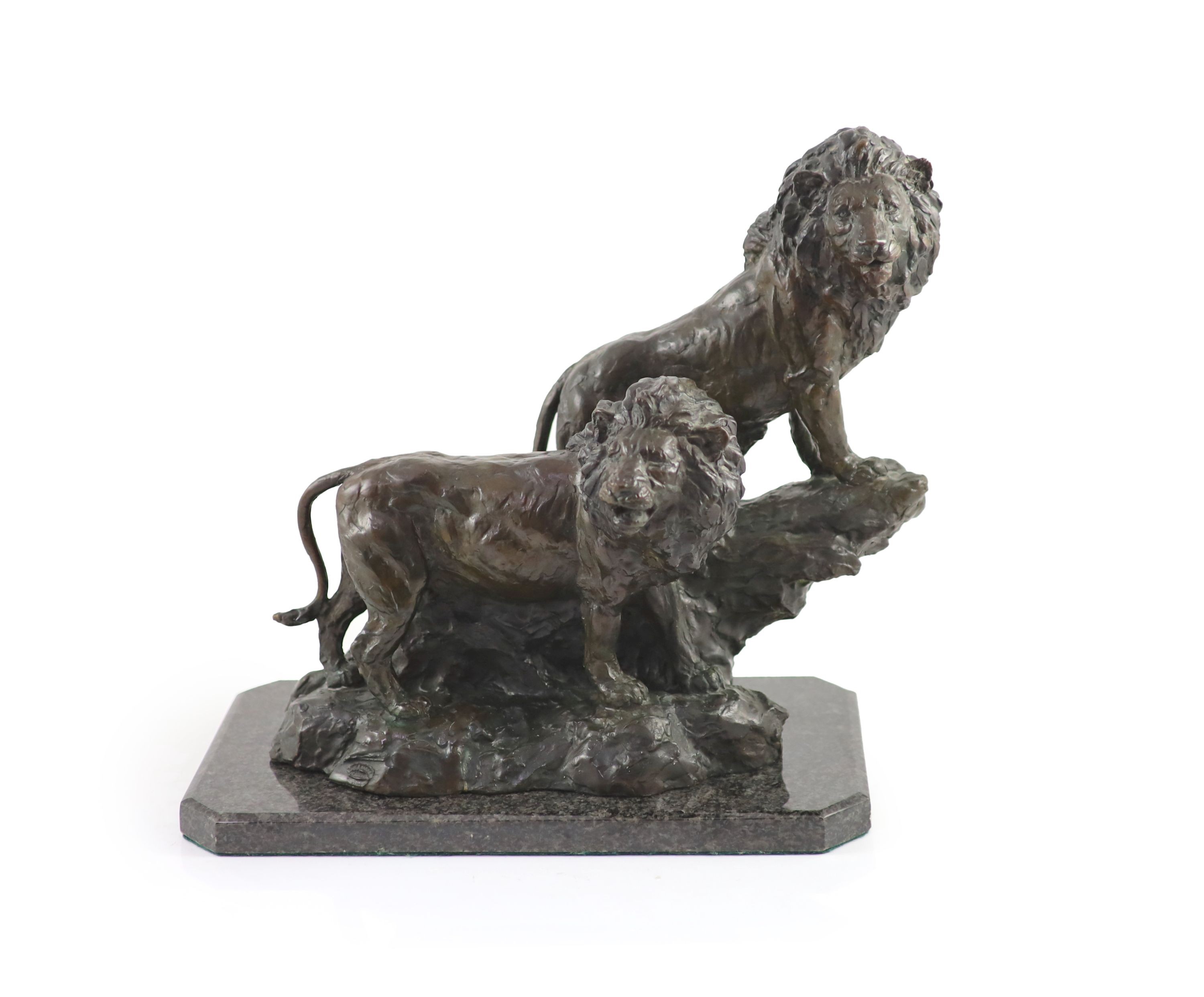 Barry Jackson (SA, 1948-), a bronze group of two lions, H 36cm. W 36cm. D 21cm.